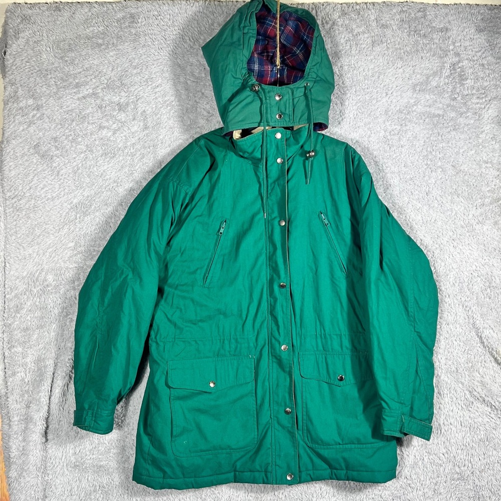 Cabin Creek Vintage Green Parka Plaid Flannel Lined Hooded Jacket Mens Medium